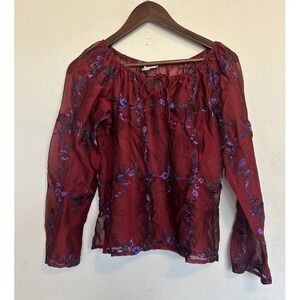 Vintage Y2K 90s Moda Intl Top Whimsigoth Floral Embroidered Burgundy Sheer XS